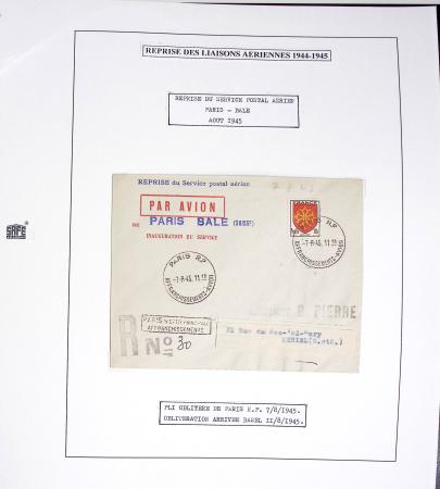 Collection de 60 pages dans reliure Safe noir : la reprise des relations aériennes françaises 1944 - 1945 dont Saumur - La Réunion (20.5.45) avec vignette tricolore. TB