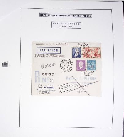 Collection de 60 pages dans reliure Safe noir : la reprise des relations aériennes françaises 1944 - 1945 dont Saumur - La Réunion (20.5.45) avec vignette tricolore. TB