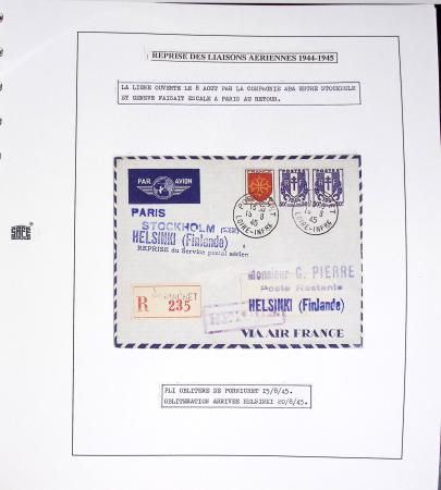 Collection de 60 pages dans reliure Safe noir : la reprise des relations aériennes françaises 1944 - 1945 dont Saumur - La Réunion (20.5.45) avec vignette tricolore. TB