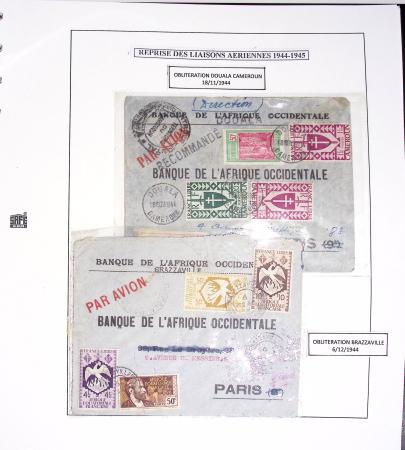 Collection de 60 pages dans reliure Safe noir : la reprise des relations aériennes françaises 1944 - 1945 dont Saumur - La Réunion (20.5.45) avec vignette tricolore. TB