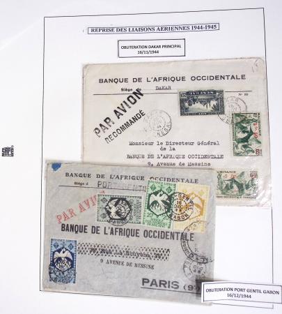 Collection de 60 pages dans reliure Safe noir : la reprise des relations aériennes françaises 1944 - 1945 dont Saumur - La Réunion (20.5.45) avec vignette tricolore. TB