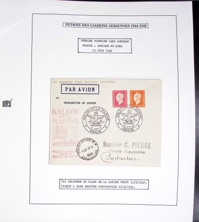 Collection de 60 pages dans reliure Safe noir : la reprise des relations aériennes françaises 1944 - 1945 dont Saumur - La Réunion (20.5.45) avec vignette tricolore. TB