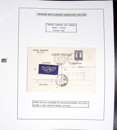 Collection de 60 pages dans reliure Safe noir : la reprise des relations aériennes françaises 1944 - 1945 dont Saumur - La Réunion (20.5.45) avec vignette tricolore. TB
