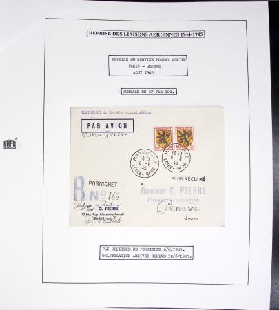Collection de 60 pages dans reliure Safe noir : la reprise des relations aériennes françaises 1944 - 1945 dont Saumur - La Réunion (20.5.45) avec vignette tricolore. TB