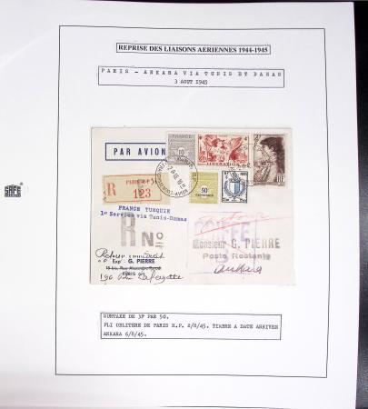 Collection de 60 pages dans reliure Safe noir : la reprise des relations aériennes françaises 1944 - 1945 dont Saumur - La Réunion (20.5.45) avec vignette tricolore. TB