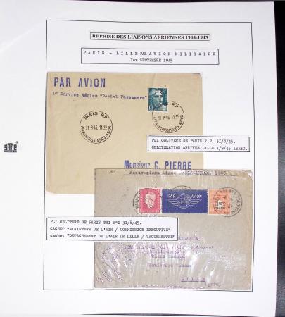 Collection de 60 pages dans reliure Safe noir : la reprise des relations aériennes françaises 1944 - 1945 dont Saumur - La Réunion (20.5.45) avec vignette tricolore. TB