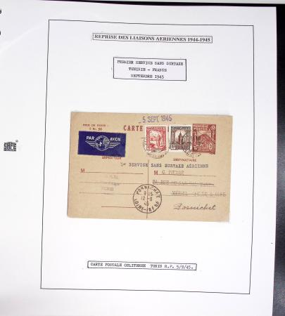 Collection de 60 pages dans reliure Safe noir : la reprise des relations aériennes françaises 1944 - 1945 dont Saumur - La Réunion (20.5.45) avec vignette tricolore. TB
