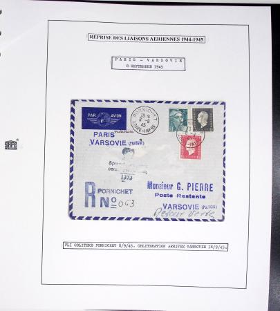 Collection de 60 pages dans reliure Safe noir : la reprise des relations aériennes françaises 1944 - 1945 dont Saumur - La Réunion (20.5.45) avec vignette tricolore. TB