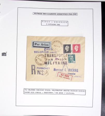 Collection de 60 pages dans reliure Safe noir : la reprise des relations aériennes françaises 1944 - 1945 dont Saumur - La Réunion (20.5.45) avec vignette tricolore. TB