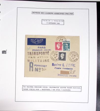 Collection de 60 pages dans reliure Safe noir : la reprise des relations aériennes françaises 1944 - 1945 dont Saumur - La Réunion (20.5.45) avec vignette tricolore. TB