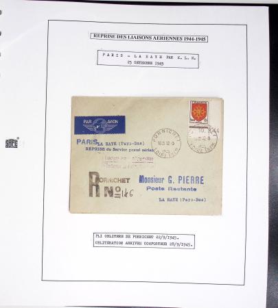 Collection de 60 pages dans reliure Safe noir : la reprise des relations aériennes françaises 1944 - 1945 dont Saumur - La Réunion (20.5.45) avec vignette tricolore. TB