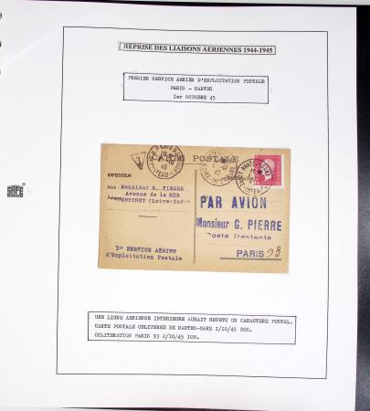 Collection de 60 pages dans reliure Safe noir : la reprise des relations aériennes françaises 1944 - 1945 dont Saumur - La Réunion (20.5.45) avec vignette tricolore. TB