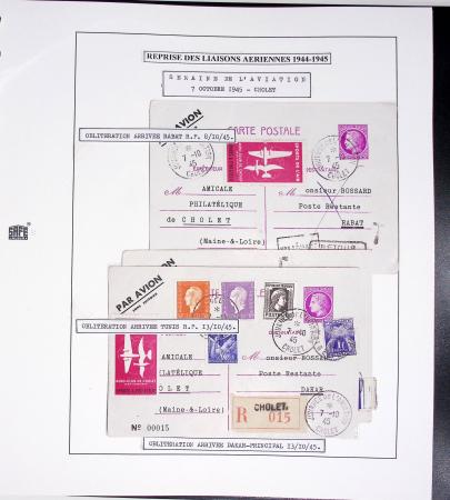 Collection de 60 pages dans reliure Safe noir : la reprise des relations aériennes françaises 1944 - 1945 dont Saumur - La Réunion (20.5.45) avec vignette tricolore. TB