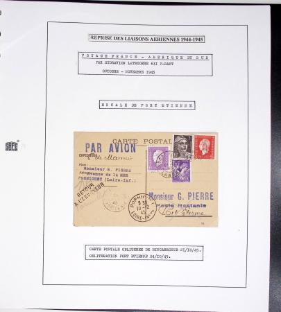 Collection de 60 pages dans reliure Safe noir : la reprise des relations aériennes françaises 1944 - 1945 dont Saumur - La Réunion (20.5.45) avec vignette tricolore. TB