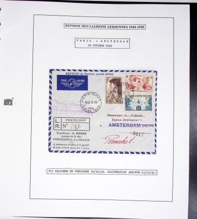 Collection de 60 pages dans reliure Safe noir : la reprise des relations aériennes françaises 1944 - 1945 dont Saumur - La Réunion (20.5.45) avec vignette tricolore. TB