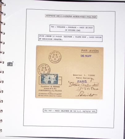 Collection de 60 pages dans reliure Safe noir : la reprise des relations aériennes françaises 1944 - 1945 dont Saumur - La Réunion (20.5.45) avec vignette tricolore. TB