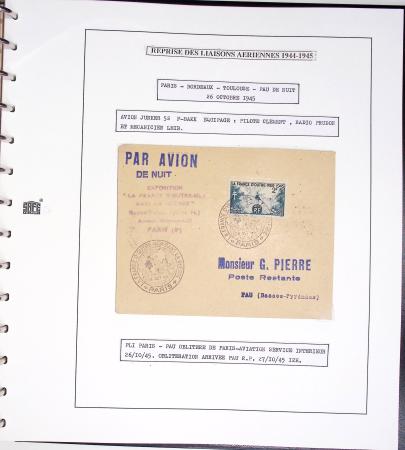 Collection de 60 pages dans reliure Safe noir : la reprise des relations aériennes françaises 1944 - 1945 dont Saumur - La Réunion (20.5.45) avec vignette tricolore. TB