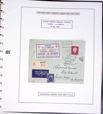 Collection de 60 pages dans reliure Safe noir : la reprise des relations aériennes françaises 1944 - 1945 dont Saumur - La Réunion (20.5.45) avec vignette tricolore. TB