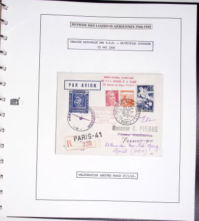 Collection de 60 pages dans reliure Safe noir : la reprise des relations aériennes françaises 1944 - 1945 dont Saumur - La Réunion (20.5.45) avec vignette tricolore. TB