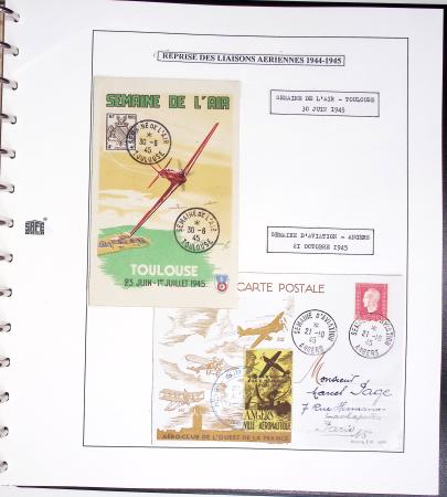 Collection de 60 pages dans reliure Safe noir : la reprise des relations aériennes françaises 1944 - 1945 dont Saumur - La Réunion (20.5.45) avec vignette tricolore. TB