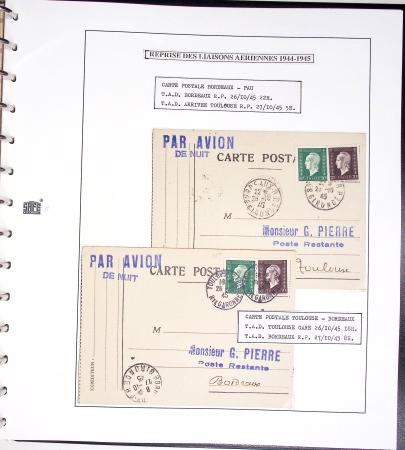 Collection de 60 pages dans reliure Safe noir : la reprise des relations aériennes françaises 1944 - 1945 dont Saumur - La Réunion (20.5.45) avec vignette tricolore. TB