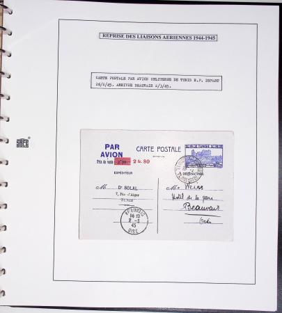 Collection de 60 pages dans reliure Safe noir : la reprise des relations aériennes françaises 1944 - 1945 dont Saumur - La Réunion (20.5.45) avec vignette tricolore. TB