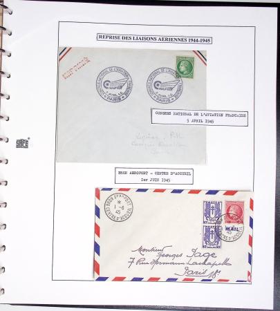Collection de 60 pages dans reliure Safe noir : la reprise des relations aériennes françaises 1944 - 1945 dont Saumur - La Réunion (20.5.45) avec vignette tricolore. TB