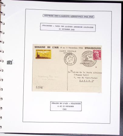 Collection de 60 pages dans reliure Safe noir : la reprise des relations aériennes françaises 1944 - 1945 dont Saumur - La Réunion (20.5.45) avec vignette tricolore. TB
