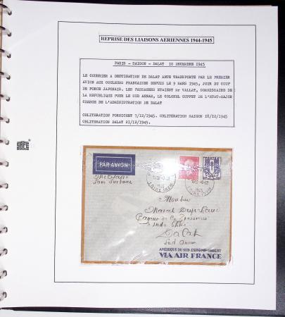 Collection de 60 pages dans reliure Safe noir : la reprise des relations aériennes françaises 1944 - 1945 dont Saumur - La Réunion (20.5.45) avec vignette tricolore. TB