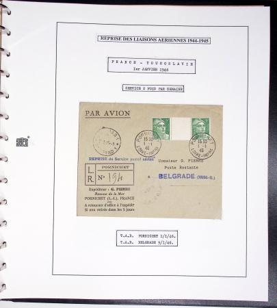 Collection de 60 pages dans reliure Safe noir : la reprise des relations aériennes françaises 1944 - 1945 dont Saumur - La Réunion (20.5.45) avec vignette tricolore. TB