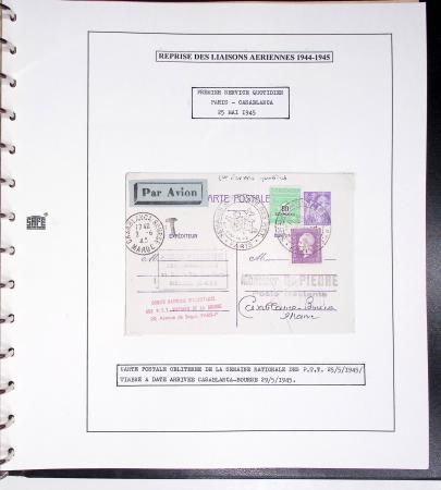 Collection de 60 pages dans reliure Safe noir : la reprise des relations aériennes françaises 1944 - 1945 dont Saumur - La Réunion (20.5.45) avec vignette tricolore. TB