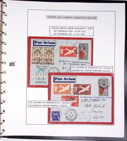 Collection de 60 pages dans reliure Safe noir : la reprise des relations aériennes françaises 1944 - 1945 dont Saumur - La Réunion (20.5.45) avec vignette tricolore. TB