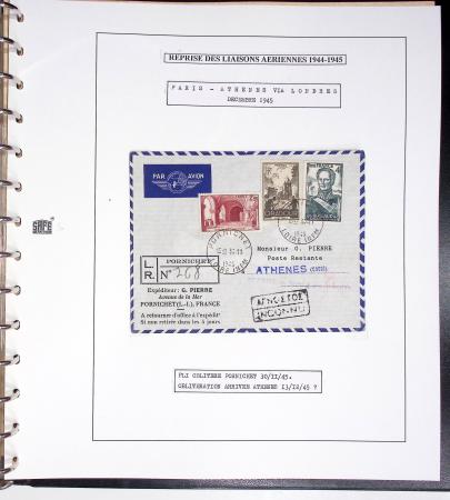 Collection de 60 pages dans reliure Safe noir : la reprise des relations aériennes françaises 1944 - 1945 dont Saumur - La Réunion (20.5.45) avec vignette tricolore. TB