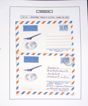 Collection de 60 pages sur le Tupolev 144, rival du Concorde (1968 - 1998) : timbres, entiers postaux, blocs feuillets. Un lot rarement proposé en vente