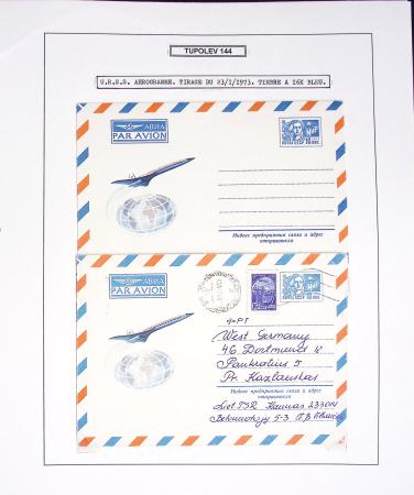 Collection de 60 pages sur le Tupolev 144, rival du Concorde (1968 - 1998) : timbres, entiers postaux, blocs feuillets. Un lot rarement proposé en vente