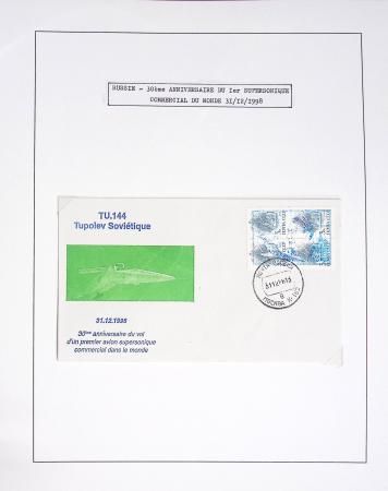 Collection de 60 pages sur le Tupolev 144, rival du Concorde (1968 - 1998) : timbres, entiers postaux, blocs feuillets. Un lot rarement proposé en vente