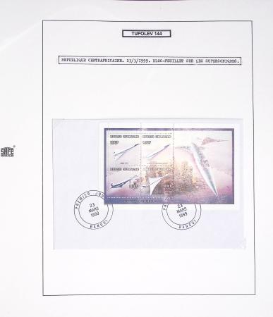 Collection de 60 pages sur le Tupolev 144, rival du Concorde (1968 - 1998) : timbres, entiers postaux, blocs feuillets. Un lot rarement proposé en vente
