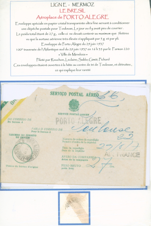 Brésil - Env. spéciale "serço postal aero" de porto alegre (29.6.1937) transportée lors de la 100ème traversée de l'Atlantique, mal ouverte (comme toujours) mais rare