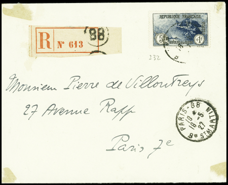 N°232 5F +1F Orphelins OBL Paris 88 (1927) seul sur lettre recommandée. TB