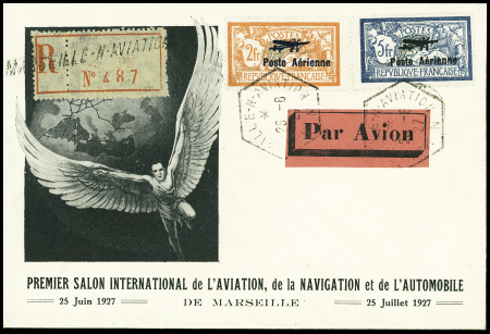N°1 + 2 OBL CAD hexagonal "Marseille - N - Aviation - N" (25.6.27) sur env illustrée recommandée du Salon de l'aviation de Marseille, TB