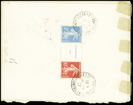 N°2 OBL CAD concordant "Strasbourg exposition phil intern" (10.8.27) sur lettre recommandée avion pour Paris (le bloc a été collé sur le haut au moyen de charnières), TB