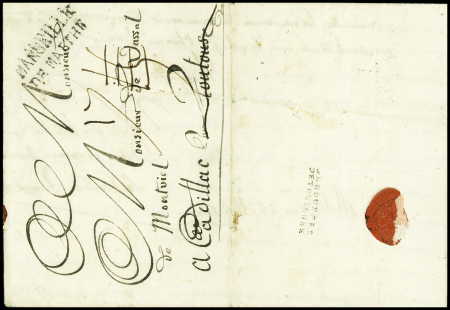 Lettre de Malte (1782) pour Cadillac avec marque d'entrée "Marseille de Malthe" (L n°20, ind 20) et au verso MP "déboursés de Toulouse". TB