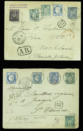 2 env entiers postaux 5c Sage (TSC Henry de Martin, SAG D 18 d) avec n°29 + 60 + 90 en complément (1892) et 15c Sage avec n°75, 2 pièces + 89 OBL Paris (1898, AFF composé Sage - Empire Lauré - Cérès dentelé. TB