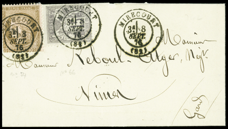 N°54 + 66 OBL T17 "Mirecourt (66)" (1876) sur lettre AFF composé. TB