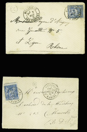 2 lettres AFF n°90 OBL CAD "Marseille les Crottes" (1879) et "Marseille St Marcel" (1880), bureaux rares. TB