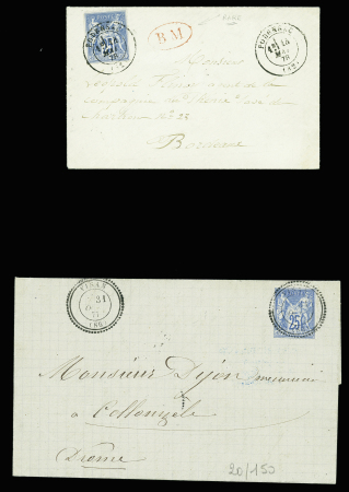 2 lettres : n°79 OBL T17 "Podensac (32)" (1878) en noir + ovale "BM" en rouge sur lettre pour Bordeaux et n°79 OBL T24 "Visan (86)" (1877) répété à côté (ind 15). TB