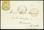 N°92 OBL CAD "PAQ. FR. Pointe à Pitre GUADe" (1882) répété à côté sur lettre, très rare utilisation de ce CAD sur timbre de France