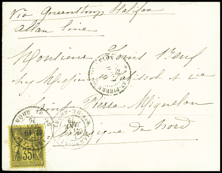 N°93 OBL CAD "Marseille Bes du Rhône" (1879) sur lettre avec CAD d'arrivée au recto "St Pierre et Miquelon" et mention manuscrite "via Queenstown Halifax - Allan line". TB