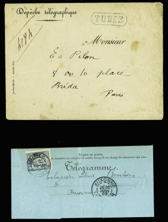 N°90 OBL Auxonne Côte d'Or (1893) sur télégramme + env dépêche télégraphique avec au recto griffe encadrée "tubes" et au verso cachet bleu "Administration des lignes télégraphiques - service officiel". TB