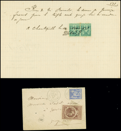 N°78 OBL sur lettre du Puy de Dôme (1876) avec timbre fiscal 50c brun et n°75 en paire avec annulation manuscrite sur un reçu d'argent (utilisation fiscale). TB